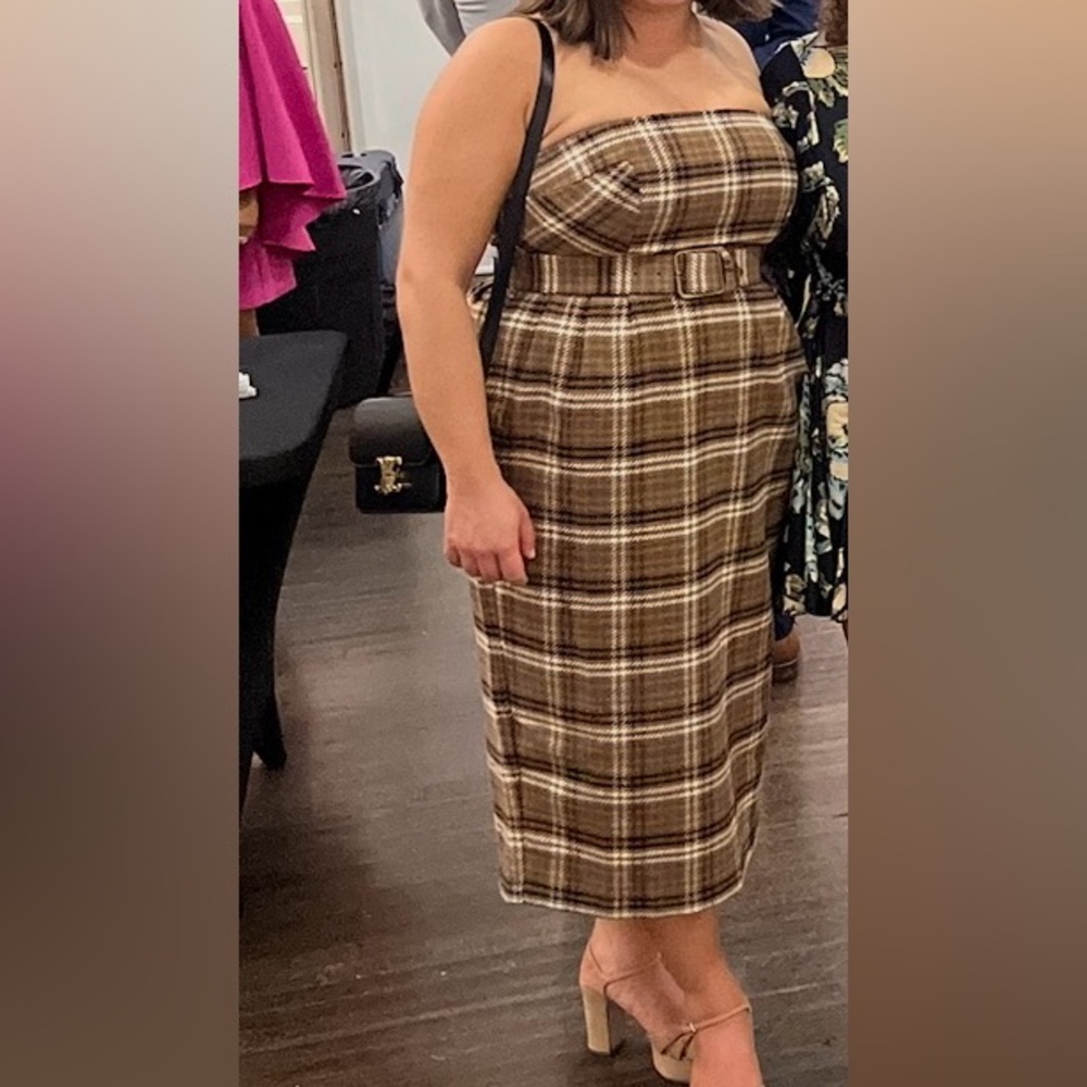 Anthropologie Brown Plaid Strapless Belted Midi Dress